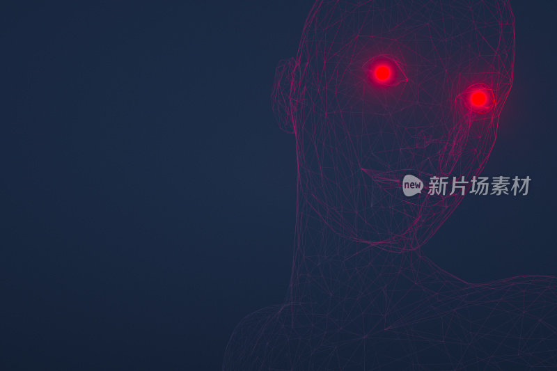 Wireframe portrait with glowing eyes